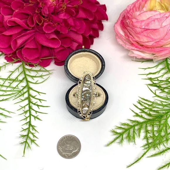 VINTAGE⚜️STERLING SILVER Filigree Abalone Ring - Picture 9 of 10